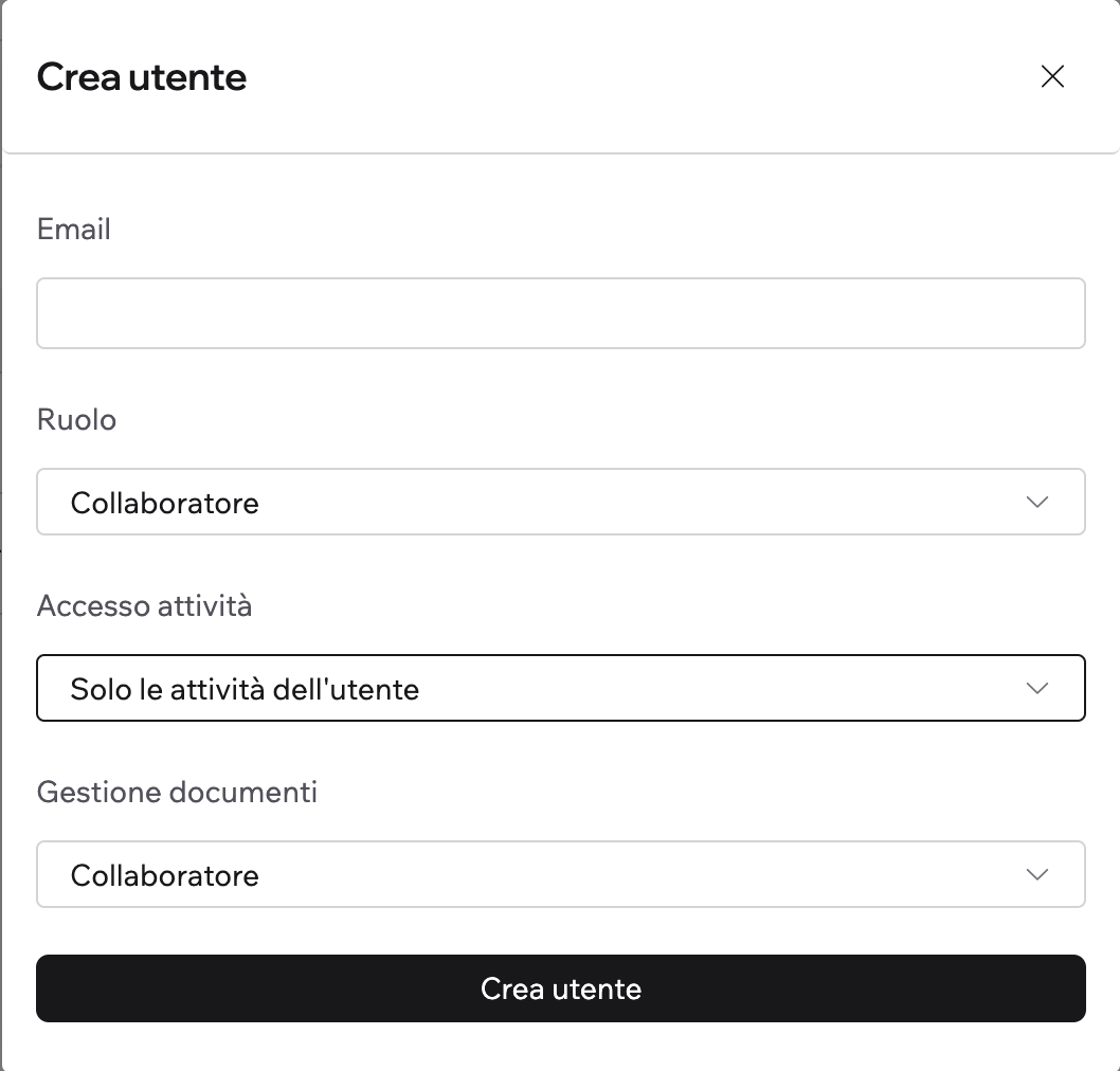 Screenshot: schermata di invito/configurazione utente con i tre permessi