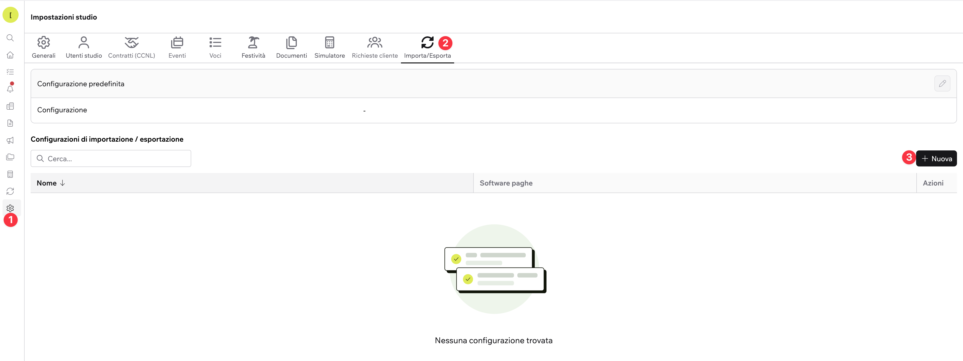 Screenshot schermata impostazioni studio