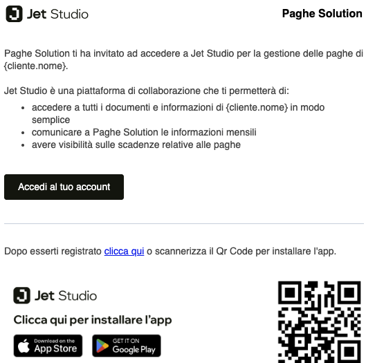 Screenshot: email di invito al cliente con il pulsante "Accedi al tuo account"