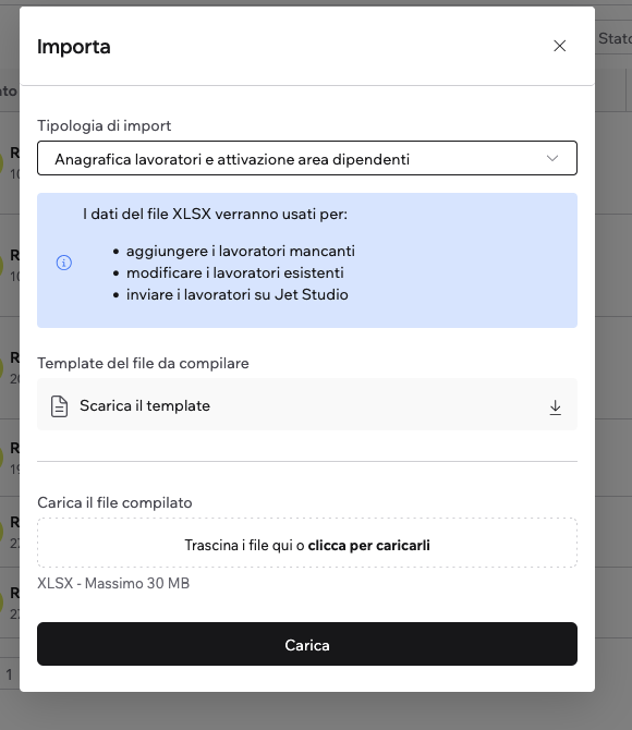 Schermata import anagrafica lavoratori